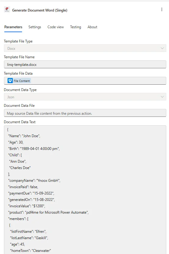 Click to enlarge PDF4me Generate Document Word Single action in Power Automate with Template File Type set to Docx, Template File Name linq-template.docx, Template File Data mapped from Dropbox File Content, Document Data Type Json, and Document Data Text holding sample JSON
